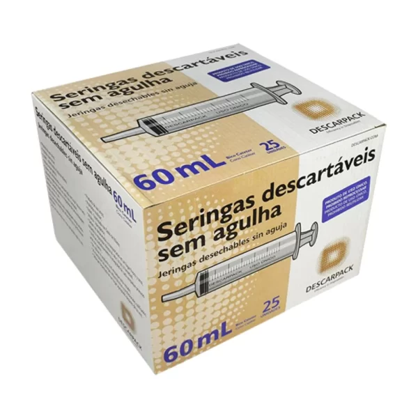 Seringa Hipodérmica Bico Cateter 60ml Sem Agulha Descarpack com 25 Unidades