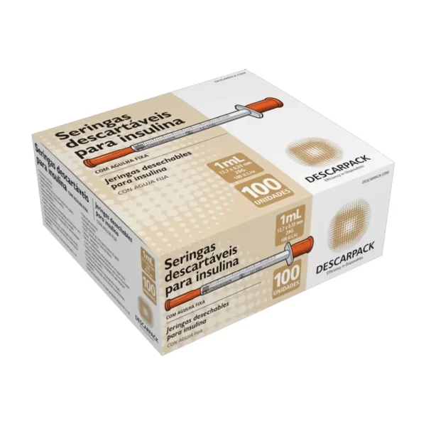 Seringa de Insulina 1ml com Agulha Fixa 12,7 X 0,33mm 29g Descarpack com 100 Unidades