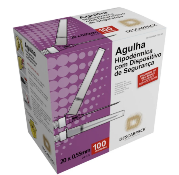 Agulha Hipodérmica de Segurança 20 x 0,55mm Descarpack com 100 Unidades