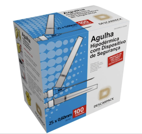 Agulha Hipodérmica de Segurança 25 x 0,60mm Descarpack com 100 Unidades