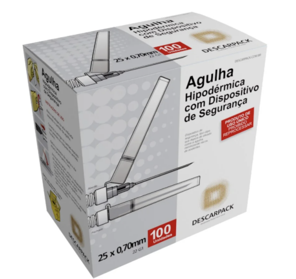 Agulha Hipodérmica de Segurança 25 x 0,70mm Descarpack com 100 Unidades