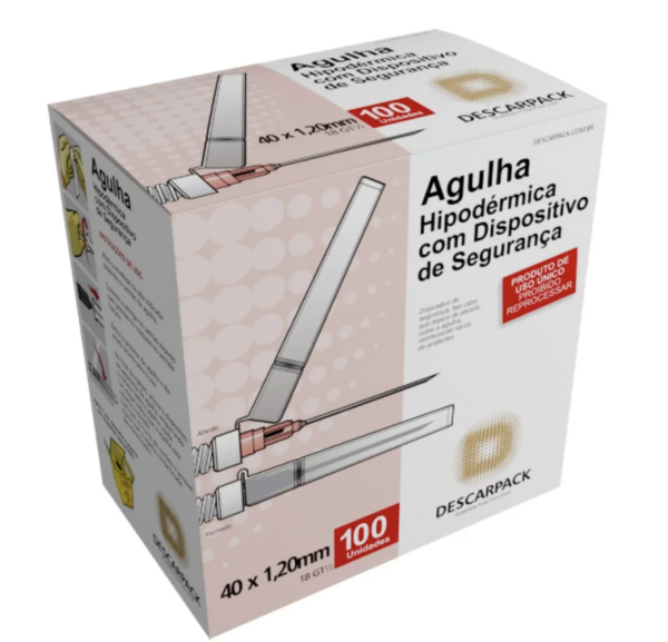Agulha Hipodérmica de Segurança 40 x 1,20mm Descarpack com 100 Unidades