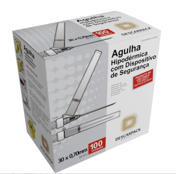 Agulha Hipodérmica de Segurança 30 x 0,70mm Descarpack com 100 Unidades
