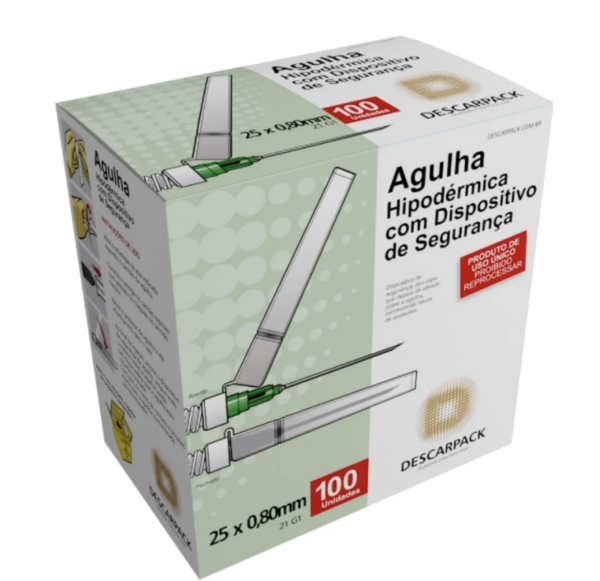 Agulha Hipodérmica de Segurança 25 x 0,80mm Descarpack com 100 Unidades