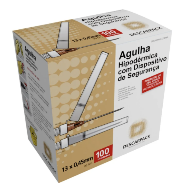 Agulha Hipodérmica de Segurança 13 x 0,45mm Descarpack com 100 Unidades