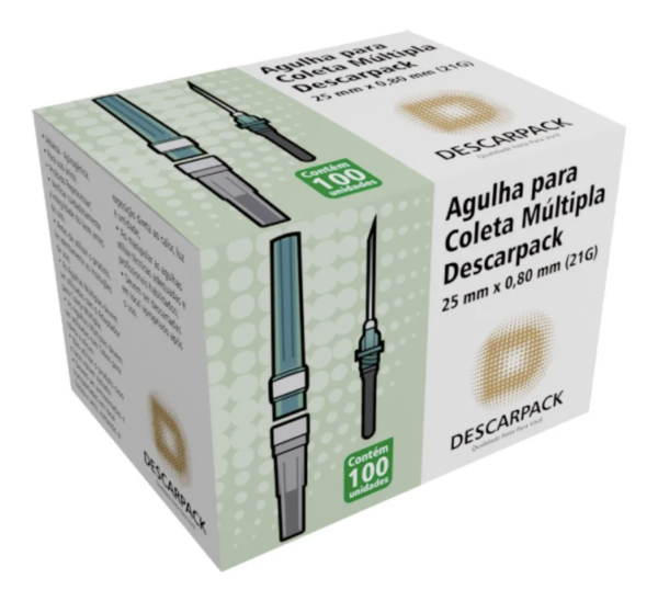 Agulha para Coleta de Sangue Múltipla 25 x 0,80mm 21G Descarpack com 100 Unidades