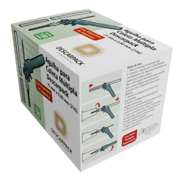Agulha de Segurança para Coleta de Sangue Múltipla 25 x 0,80mm 21G Descarpack com 100 Unidades