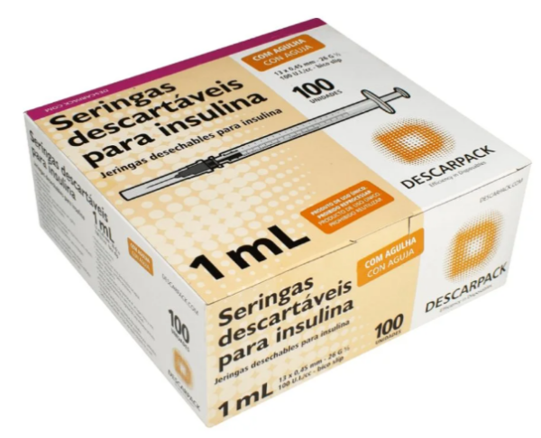 Seringa de Insulina 1ml com Agulha 13 X 0,45mm 26g Descarpack com 100 Unidades