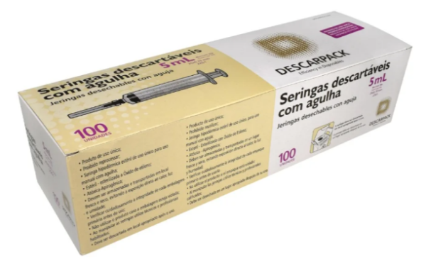 Seringa Hipodérmica 5ml com Agulha 25 X 0,70mm Descarpack com 100 Unidades