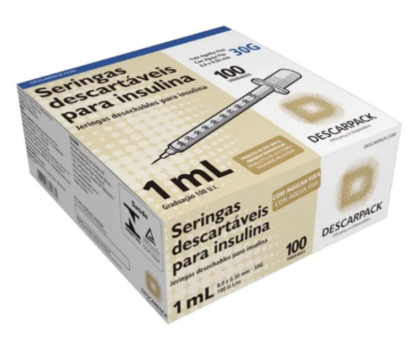 Seringa de Insulina 1ml com Agulha Fixa 8,0 X 0,30mm 30g Descarpack com 100 Unidades