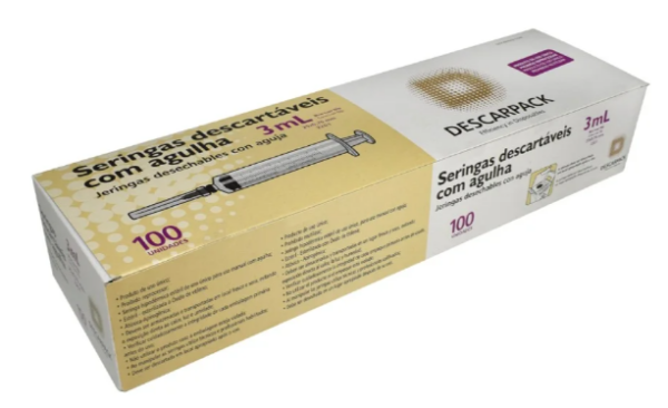 Seringa Hipodérmica 3ml com Agulha 25 X 0,70mm Descarpack com 100 Unidades