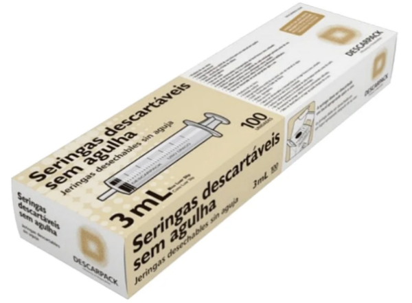Seringa Hipodérmica Luer Slip 3ml Sem Agulha Descarpack com 100 Unidades