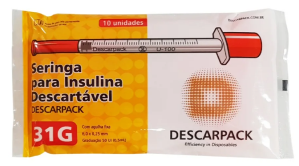 Seringa de Insulina 0,5ml com Agulha Fixa Ultrafina 6,0 X 0,25mm 31g Descarpack com 100 Unidades