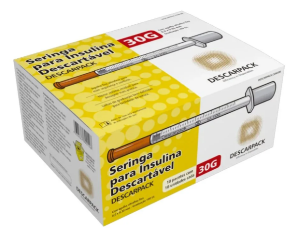 Seringa de Insulina 1ml com Agulha Fixa Ultrafina 8,0 X 0,30mm 30g Descarpack com 100 Unidades