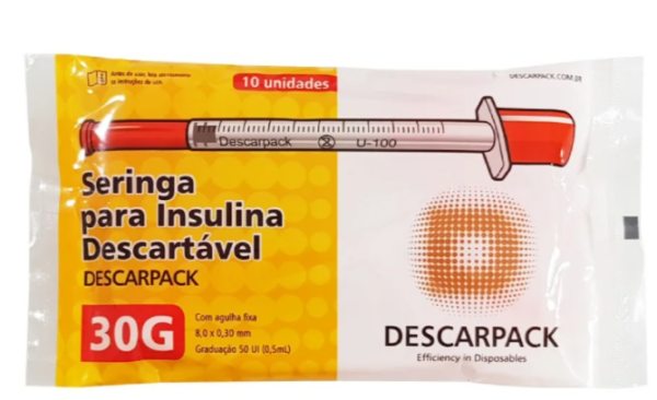 Seringa de Insulina 0,5ml com Agulha Fixa Ultrafina 8,0 X 0,30mm 30g Descarpack com 100 Unidades
