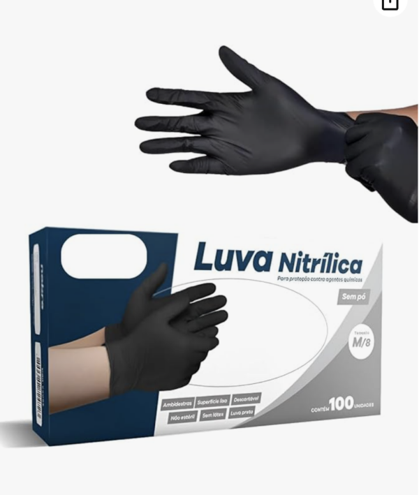 Luva Nitrílica Preta  Sem Pó  Com 100 Unidades Descartável | P  M ou G